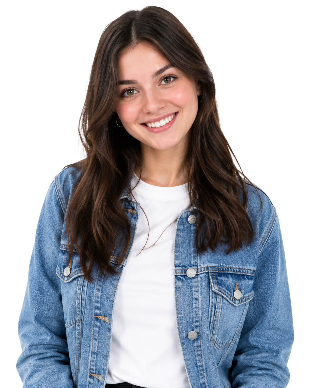 A smiling young woman in a denim jacket