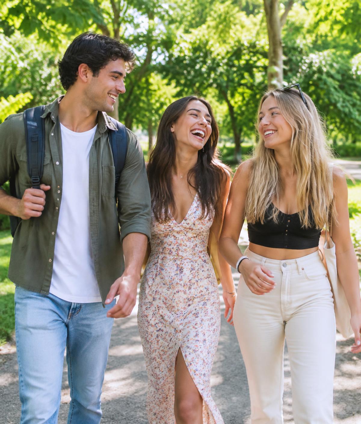 Three young friends laughing together while walking through a sunny park