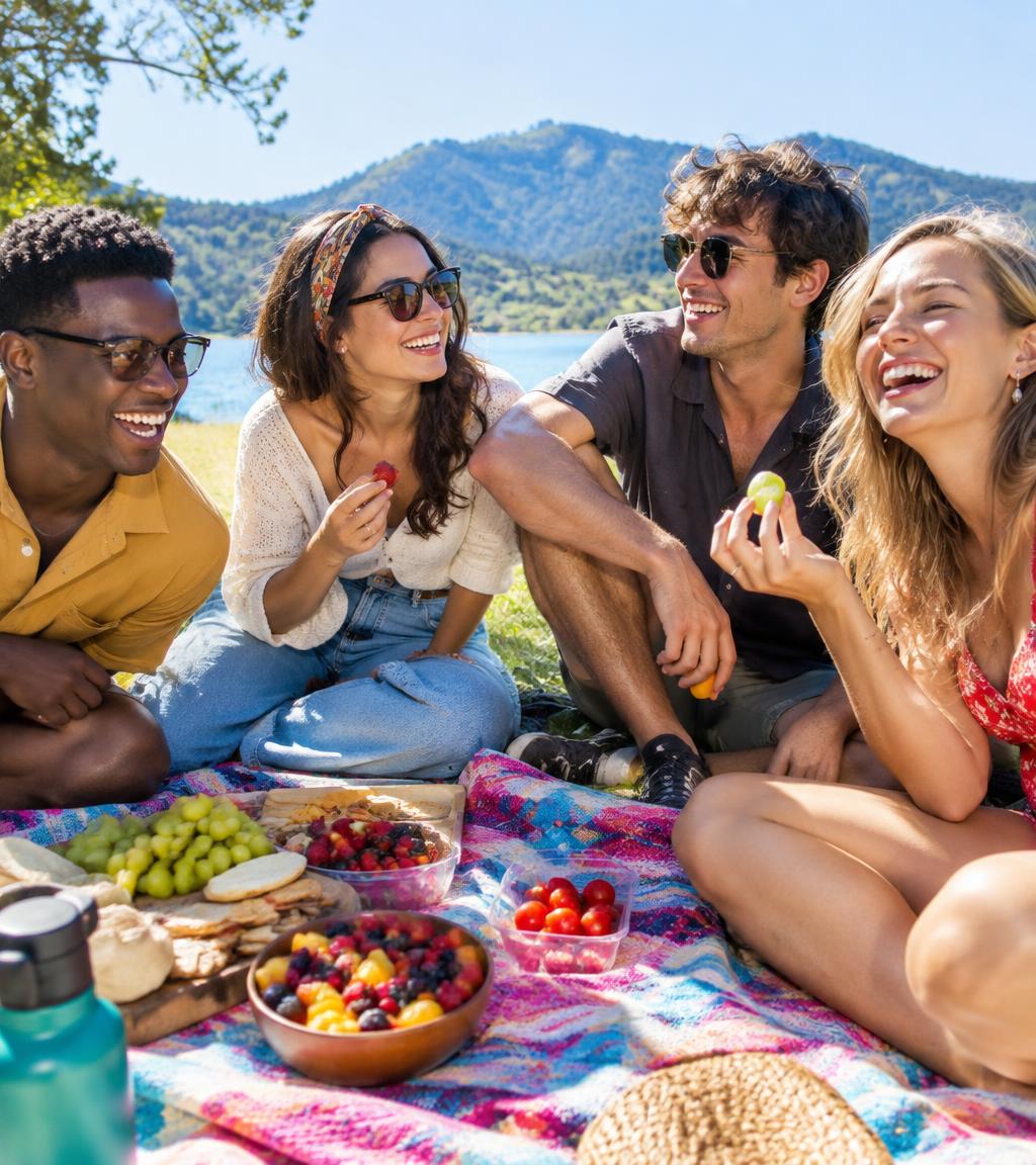Young friends laughing together at a sunny picnic